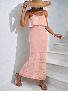 EURMUSE Women's Solid Color Vacation Style Openwork Knit Dress - Coral Pink - View 6