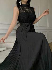 Celisse White Lace Patchwork Pleated Elegant Dress For Women - Black - View 3