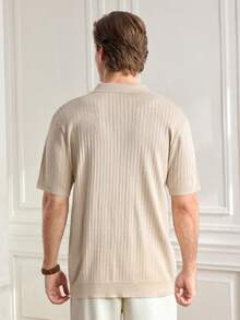 Officeau 男士短袖针织衫，休闲条纹 Polo 领套头针织衫，春秋季 - 杏色 - 查看 2