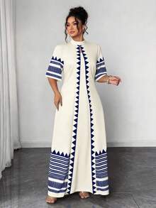 Vestido de 2 en 1 con estampado geométrico bohemio y lazo para mujer de talla grande - Albaricoque 2 - Ver 6