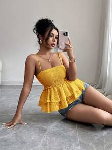 Elenzga Áo hai dây nữ dáng suông, cắt xẻ, xếp lớp, chất liệu chiffon, thích hợp cho kỳ nghỉ, thường ngày. - Màu vàng - Xem 6