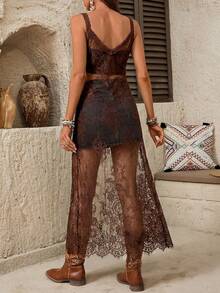 SHEIN LUNE Áo khoác cardigan ren mỏng nhẹ nữ kiểu dáng thường ngày, thích hợp cho lễ hội âm nhạc mùa hè, đi nghỉ mát và mặc hàng ngày, váy slip dài. - màu nâu - Xem 2