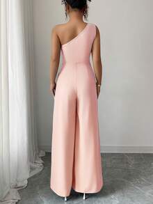 Elenzga Bộ jumpsuit ống rộng màu trơn thanh lịch, thắt eo, phù hợp cho người đi làm. - Hồng - Xem 2