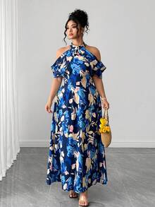 Elenzga Plus Size Floral Print Cold Shoulder Maxi Dress, Casual Holiday Style - Multicolor - View 5