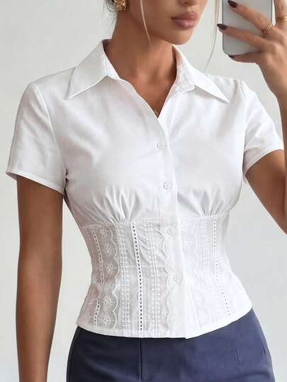 Ritzy Row Blusa casual de mujer con parches, bordados y jacquard en color verde, para primavera/verano