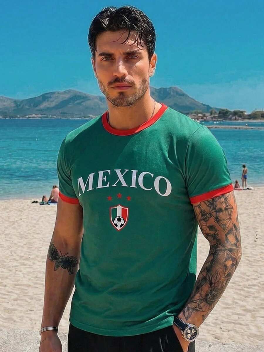Manfinity VCAY Áo thun nam thường ngày in họa tiết phối màu chủ đề World Cup