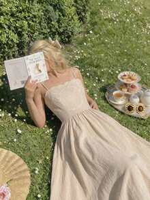 SHEIN MOD 女士花卉刺绣褶皱腰身中长吊带裙 - 卡其色 - 查看 2