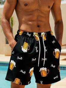 Manfinity Swimmode 男士啤酒印花斜插口袋抽绳腰沙滩短裤 - 彩色 - 查看 4