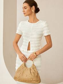 Lymera Conjunto de top corto blanco suave y cómodo casual y falda de cintura elástica para mujer, primavera/verano - Blanco - Ver 5