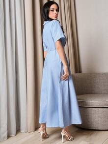 Modelyn Elegant Striped Shirt Collar Dress For Commuting - Blue and White - View 7