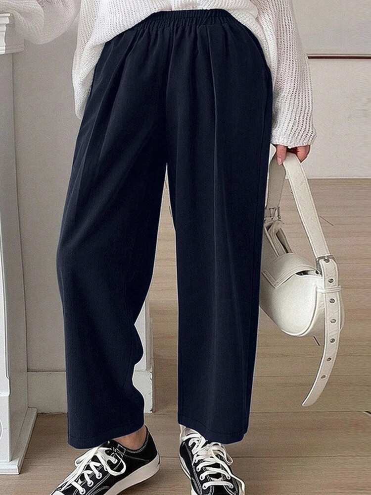 Dazy Plus Black Loose Elastic Waist Harem Pants, Casual Cropped Trousers, All Season