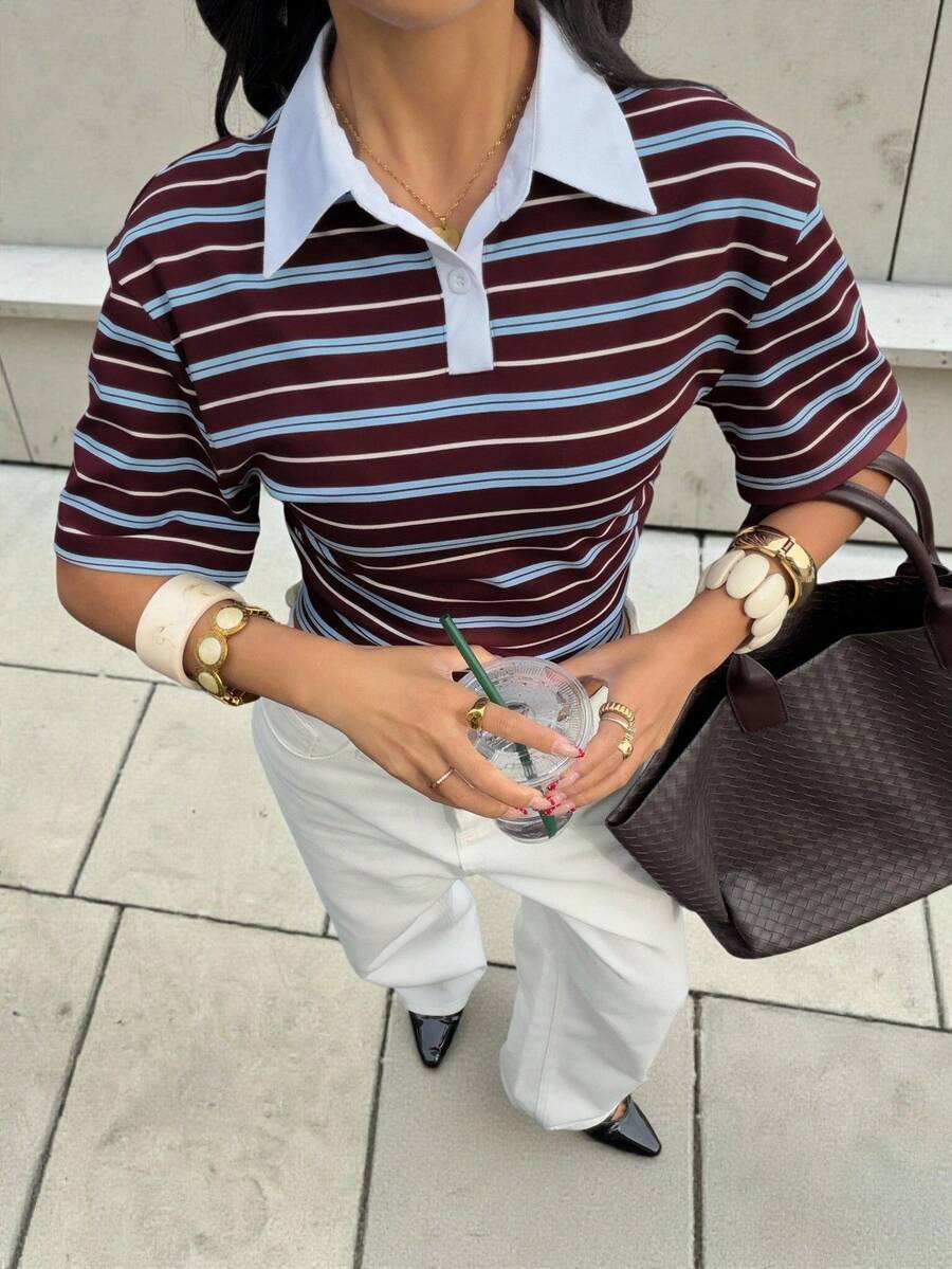 SHEIN X Scot Louie Siren Gaze 女士撞色拼接条纹 Polo 领落肩半开襟 T 恤 - 棕色 - 查看 1