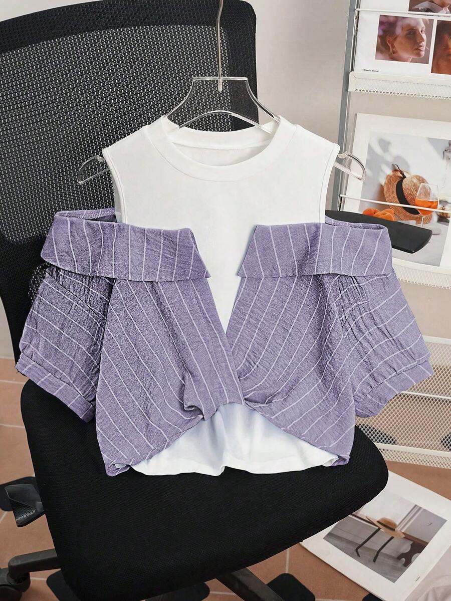 Franclia Women's Striped Cold Shoulder 2 In 1 T-Shirt, Summer Outfit - Mauve Purple - View 1