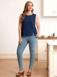 EMERY ROSE Plus Size Women's Casual White Round Neck Sleeveless Short Shirt Blouse, Comfortable Button Front Split Design, Spring/Summer - Navy Blue - View 5