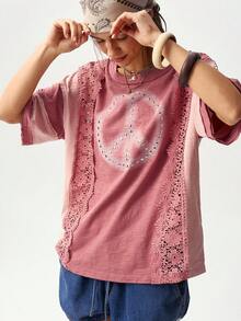 Bohemela Áo thun nữ cổ tròn tay ngắn, màu trơn, kiểu dáng thường ngày, chất liệu dệt kim, phối nhiều mảnh, đã qua xử lý giặt. - Hồng - Xem 6