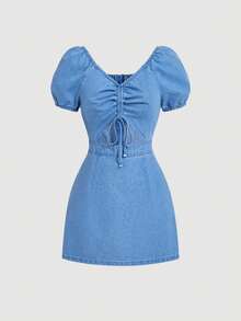 Sweetra Women's Summer Casual Vacation Bubble Sleeve Drawstring Pleated Hollow Waist Denim Dress - Blue - View 1