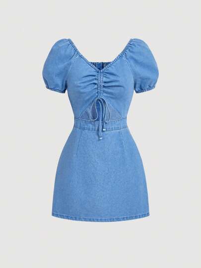 Sweetra 女士夏季休闲度假泡泡袖抽绳褶皱镂空腰身牛仔连衣裙