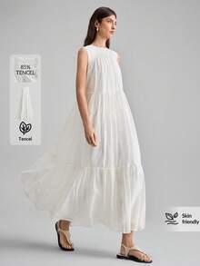 Ontre 2026春夏新款女士夏季超长荷叶边V领吊带连衣裙，时尚都市浪漫度假风，海岛度假派对优雅宽松舒适宽裙摆度假连衣裙，女士休闲连衣裙，春夏新款服装 - 白色 - 查看 1