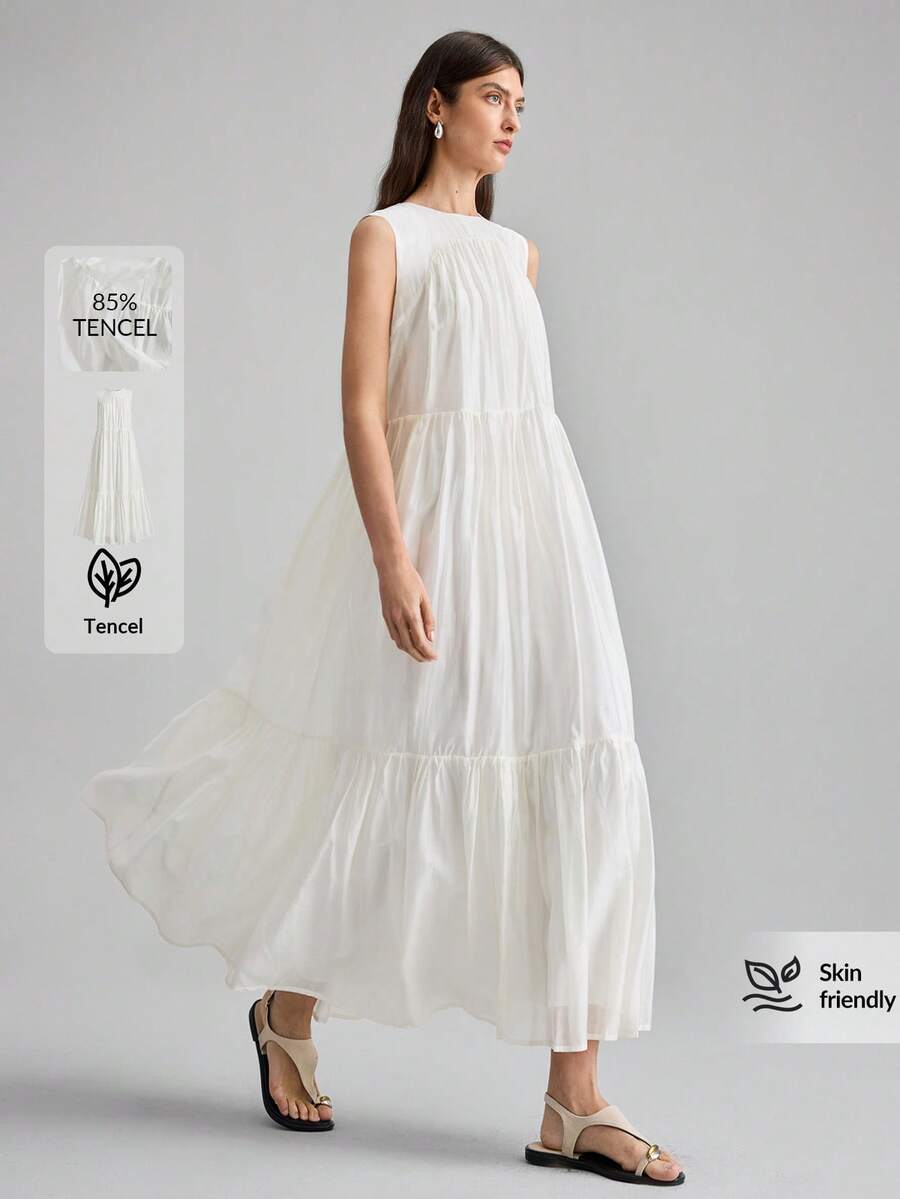 Ontre 2026春夏新款女士夏季超长荷叶边V领吊带连衣裙，时尚都市浪漫度假风，海岛度假派对优雅宽松舒适宽裙摆度假连衣裙，女士休闲连衣裙，春夏新款服装 - 白色 - 查看 1