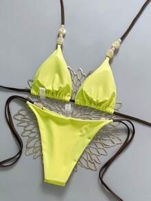 Swim Vcay Bộ bikini 2 mảnh màu be xuyên thấu, dây mảnh, cổ yếm, cạp cao, đính hạt cườm, kiểu dáng xuân/hè 2026 dành cho nữ. - Màu vàng - Xem 2