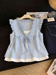 GlowEve Women's Summer New Casual Vacation Blue & White Ruffle Trim Bow Tie 2 In 1 Flare Sleeve Blouse - Blue and White - View 9