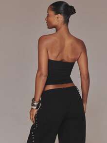 MUSERA 针织饰边细节无肩带抹胸上衣，春夏度假风，优雅高贵，适合夜晚外出约会，酷女孩风格 - 黑色 - 查看 2