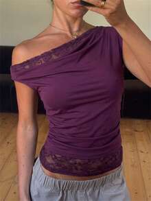 Aloruh 女士优雅露肩蕾丝拼接修身纯紫色T恤 - 紫色 - 查看 10