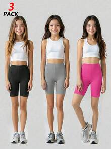 3pcs/Set Teen GirlSolid Black, Gray, Rose Red Knit Leggings, Stretchy Fabric, Versatile Cropped Pants - Multicolor - View 2