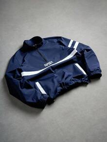 Aesthetic Post 男士休闲立领长袖夹克，防风外套/户外防风外套，撞色设计半拉链立领夹克，饰有字母图案，下摆可调节抽绳，适合日常穿着、户外活动、运动、休闲、上学、聚会、音乐节等场合。可作为礼物送给朋友和男友，秋季必备。 - 藏蓝色 - 查看 3