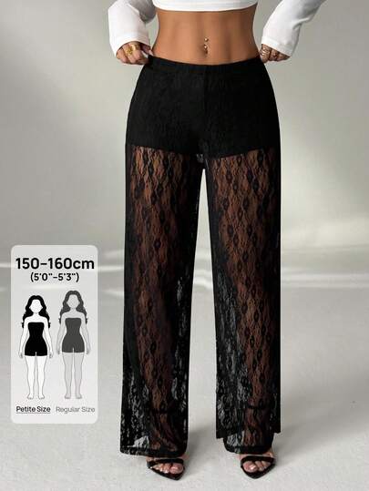 SHEIN PETITE Calça feminina reta e solta com cintura elástica e renda floral