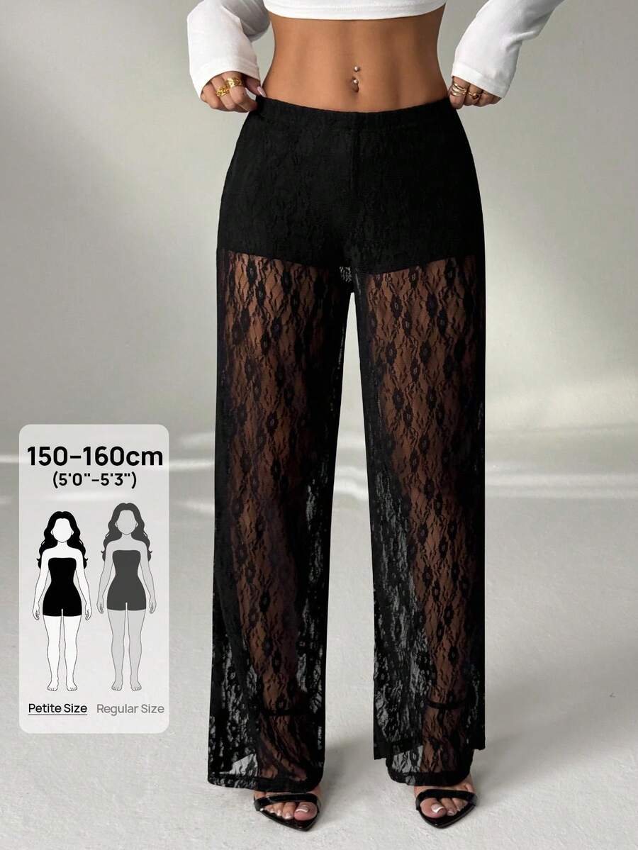 SHEIN PETITE 女士松紧腰花卉蕾丝直筒宽松时尚裤 - 黑色 - 查看 1