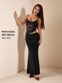 SHEIN PETITE Váy maxi ren đen xuyên thấu gợi cảm cho kỳ nghỉ hè trên bãi biển, thích hợp cho hẹn hò hàng ngày, đi chơi đêm, hộp đêm, tiệc tùng, tụ tập, tiệc cocktail, tiệc hồ bơi, trang phục mùa tựu trường, váy mùa tựu trường, váy ngày lễ váy nữ váy không tay gợi cảm màu trơn cho nữ, váy trắng, váy đi nghỉ - màu đen - Xem 1