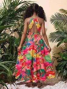 SHEIN Kids Teen Girls Floral Print Halter Neck Ruffle Hem Maxi Dress,Pink Summer Beach Holiday Sleeveless Backless Tropical African Print Vacation Outfits - Pink - View 1