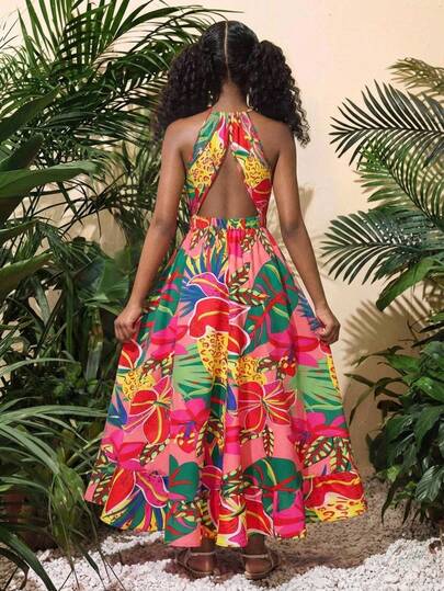 少女印花露背荷叶边长裙，夏季度假连衣裙，无袖方领露背系带不对称下摆印花长裙，粉色