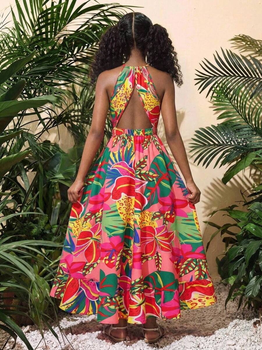 SHEIN Kids Teen Girls Floral Print Halter Neck Ruffle Hem Maxi Dress,Pink Summer Beach Holiday Sleeveless Backless Tropical African Print Vacation Outfits - Pink - View 1