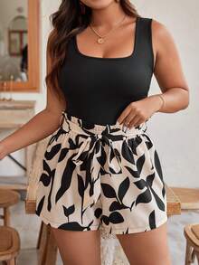 SHEIN Frenchy Plus-Size Leisure Vacational Style Solid Color Square Neck Vest And Printed Tie-Front Shorts Set - Multicolor - View 7