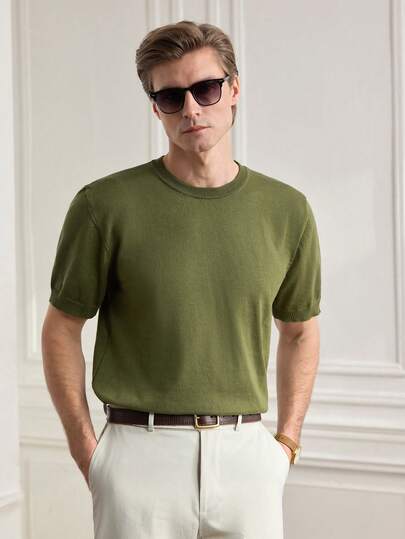 Officeau Men's Casual Solid Color Short Sleeve Pullover Knit Top, Spring/Summer