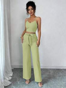 SHEIN PETITE Women's Casual Solid Color High Waist Camisole & Wide Leg Pants Set - Yellow - View 3