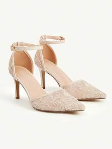 CUCCOO CHICEST Giày cao gót hở mũi phối ren lưới hở gót cho nữ, màu mơ, đa năng cho tiệc tùng, đám cưới - Màu be - Xem 2