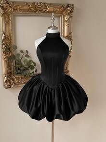 Lovelzi Elegante y dulce vestido mini con hombros descubiertos y diseño de cintura con ballenas, con lazo ajustable en la espalda, adecuado para varias ocasiones como vestido de cóctel, vestido de influencer y vestido formal - Negro - Ver 6