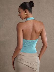 Hauture Women's Solid Color Minimalist Daily Wear Draped Neck Top - Baby Blue - View 6