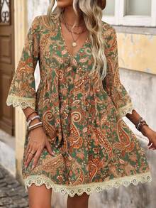 Brillora 女士V领印花休闲派对日常短裙，适合度假、波西米亚风、夏季海滩度假、音乐节等场合，佩斯利印花，春夏波西米亚风连衣裙，女士裹身连衣裙，佩斯利印花连衣裙，休闲波西米亚风连衣裙，蕾丝边连衣裙 - 綠色 - 查看 4