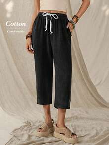 Wildy 波西米亚风音乐节休闲美式西部复古做旧印花女式春夏基础款长裤，带口袋，七分裤长，纯棉材质，适合夏季穿着，休闲舒适，棉麻混纺面料。 - 黑色 - 查看 6