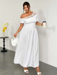 Firerie Plus Size Women's Contrast Lace Asymmetric Neck Short Sleeve Elegant White Dress,Summer Casual Zanzea Wedding,Party & Graduation Dress For Women - White - View 6