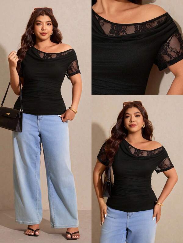 Elaquor Plus Size Black Lace Patchwork T-Shirt For Women,Autumn Elegant Formal Evening Night Out Club,Asymmetrical Neckline Short Sleeve See Through Top