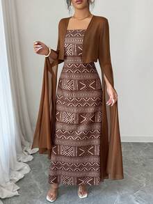 Islaluna Women's Arabic Style Outfit Set, Women's Kurta Set, Women's Saree, Chiffon Fabric, Geometric Pattern, Print, Fitted Camisole With Waist Tie Bow, Extra Long Exaggerated High Slit Bell Sleeve Cropped Top, Elegant Casual Luxurious Romantic Retro Sexy Spring/Summer Maxi Dress, Women's Cropped Shirt, Women's 2-Piece Set - Brown - View 7