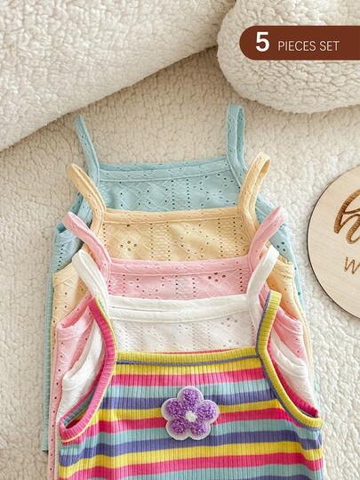 SHEIN Bộ 5 món LMoss cho bé gái sơ sinh, áo liền quần dệt kim màu trơn dễ thương có dây đeo vai, thích hợp cho mùa hè.