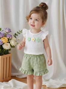 2pcs/Set Sweet & Cute Girls' Outfit, White Sleeveless Top + Light Green Shorts, Top With Ruffle Trim And 3D Floral Decor, High Waist Shorts With Floral Pattern And Ruffle Hem, Suitable For Summer, Casual Wear, Home - White - View 1