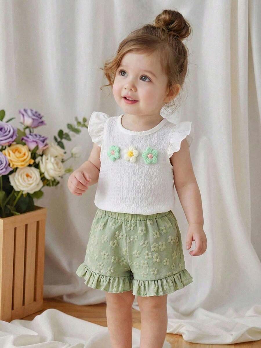 2pcs/Set Sweet & Cute Girls' Outfit, White Sleeveless Top + Light Green Shorts, Top With Ruffle Trim And 3D Floral Decor, High Waist Shorts With Floral Pattern And Ruffle Hem, Suitable For Summer, Casual Wear, Home - White - View 1