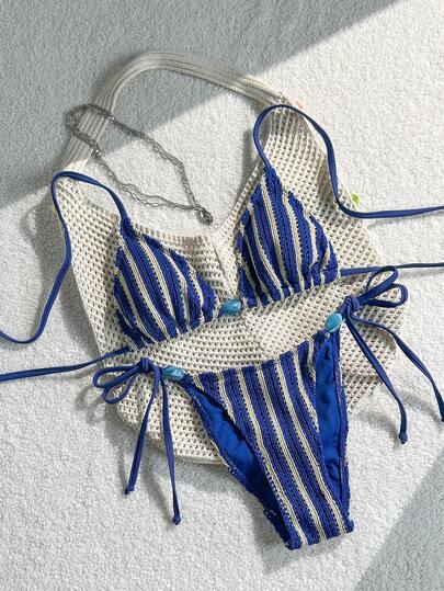 Swim Mod Women's Spring/Summer Jacquard Fabric Beaded Halter Bikini Set